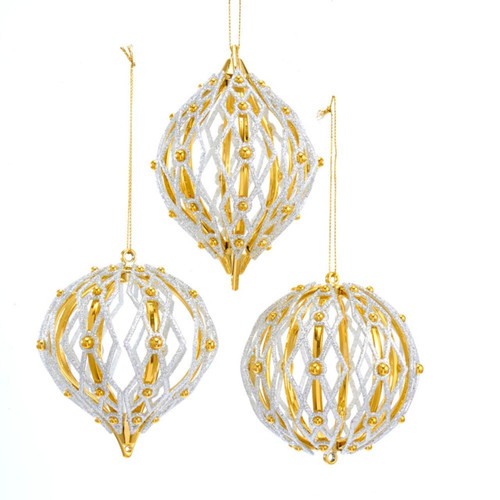 Shiny Gold and Silver Ball, Onion and Finial Ornaments, 3 Assorted