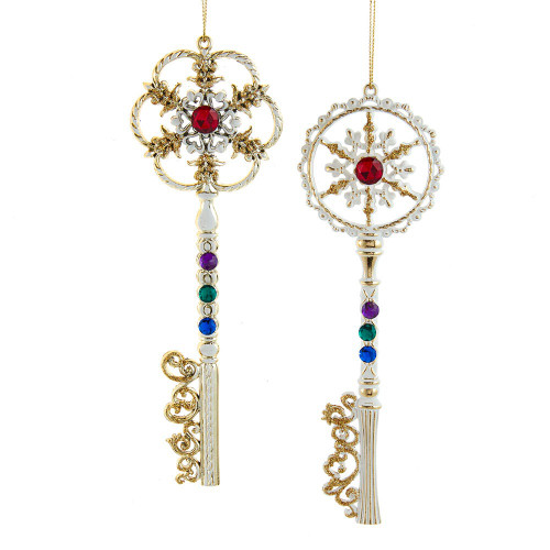 White and Gold Jeweled Key Ornaments, 2 Assorted