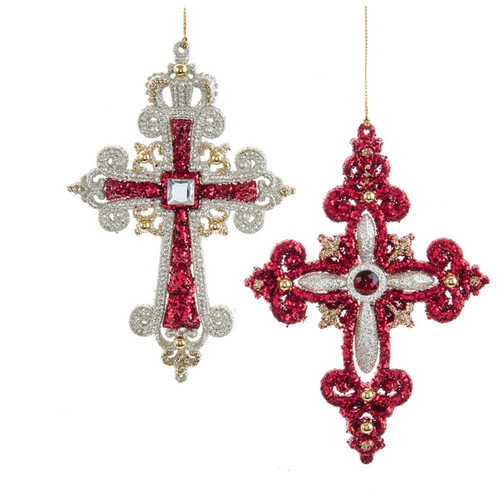 Regal Red and Platinum Cross With Stones Ornaments, 2 Assorted
