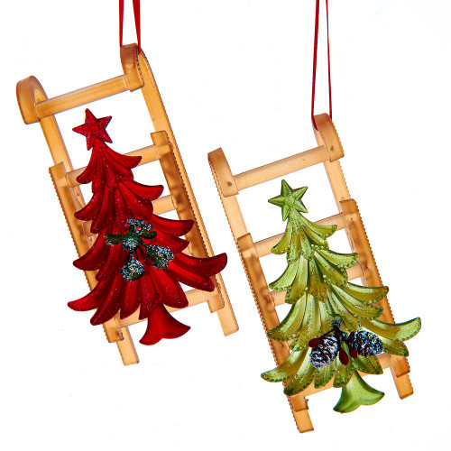 Sleds With Red & Green Glittered Tree Ornaments, 2 Assorted