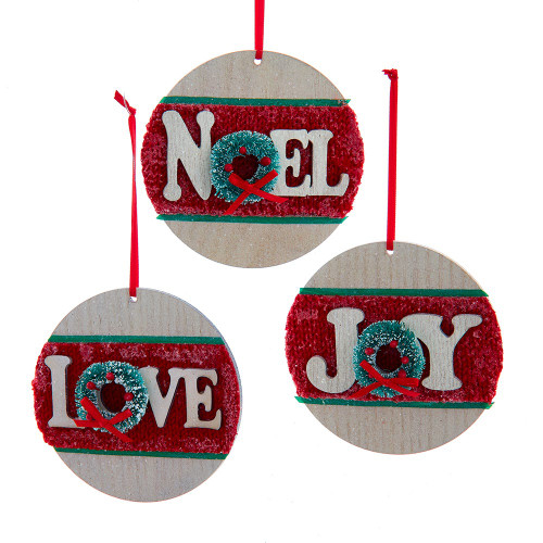 “Noel,“ “Love“ and “Joy“ Wreath Ornaments, 3 Assorted