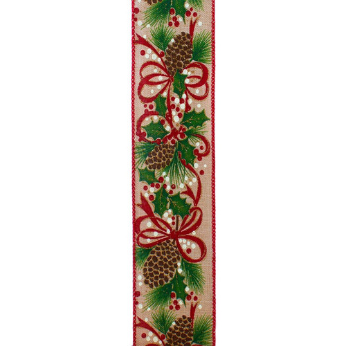 Tan With Red & Green Leaf Patterned Dot Double Wire Ribbon