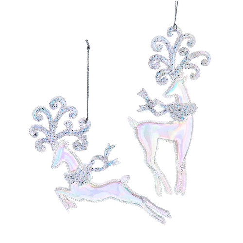 White Opalescent Deer Ornaments, 2 Assorted