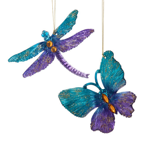 Teal & Purple Butterfly & Dragonfly Ornaments, 2 Assorted