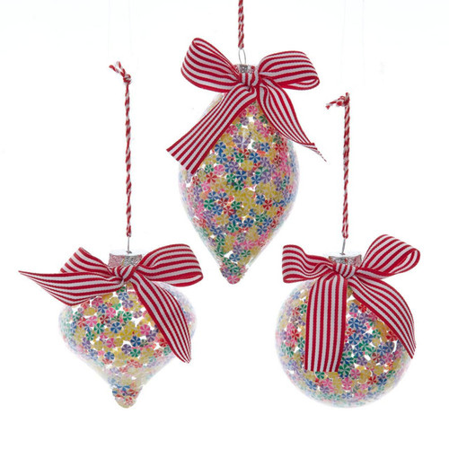 70-80MM Glass Candy Pattern Ball, Onion & Finial Ornaments, 3 Assorted