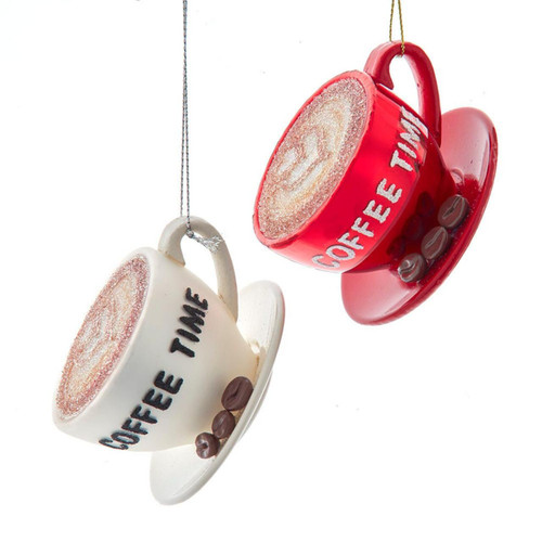 Glass Red & White “Coffee Time“ Coffee Cup Ornaments, 2 Assorted