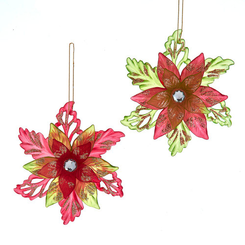 Red & Olive Green Poinsettia Ornaments, 2 Assorted