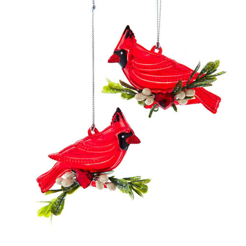 Red Cardinal On Mistletoe Branch Ornaments, 2 Assorted