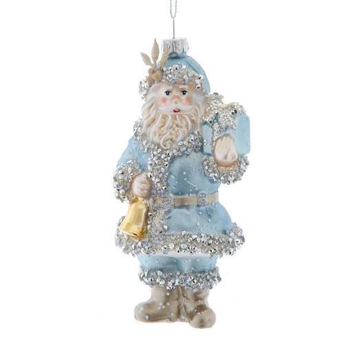 Glass Blue & Platinum Santa Ornament
