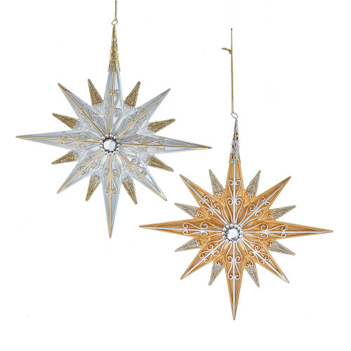 Gold & Silver Star With Clear Gem Center Ornaments, 2 Assorted