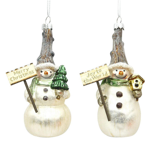 Glass Snowman With Green Scarf Ornaments, 2 Assorted