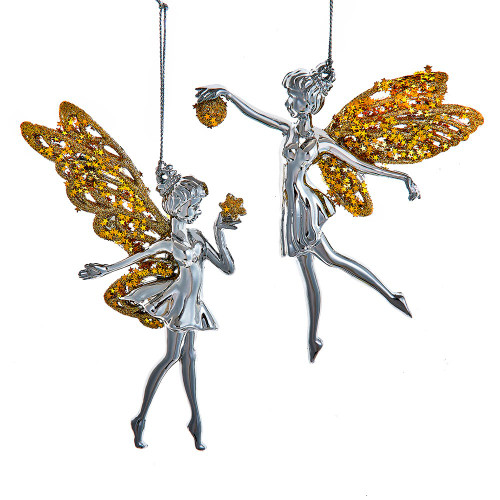 Silver Fairy With Gold Glittered Wings Ornaments, 2 Assorted