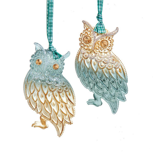 Green & Cream Owl Ornaments, 2 Assorted