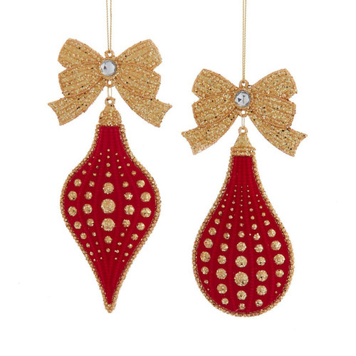 Red & Gold Flocked Drop With Bow Ornaments, 2 Assorted