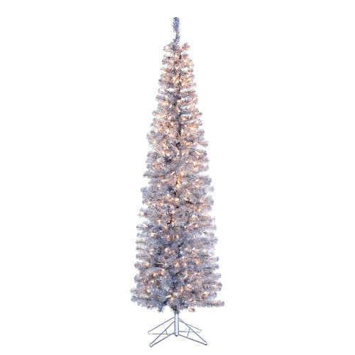 7' Pre-Lit Clear Incandescent Silver Tinsel Slim Winchester Pine Tree