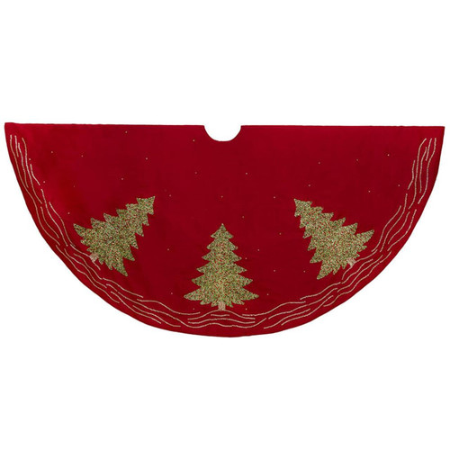 60“ Red Dupion Embroidered Tree Skirt
