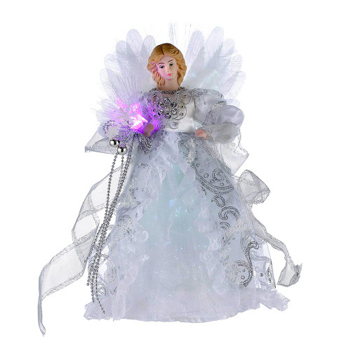 12“ 7-Light LED Color-Changing Fiber-Optic White and Silver Angel Treetop