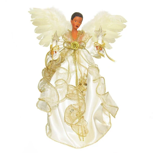 12“ UL 10-Light Ivory and Gold African American Angel Treetop