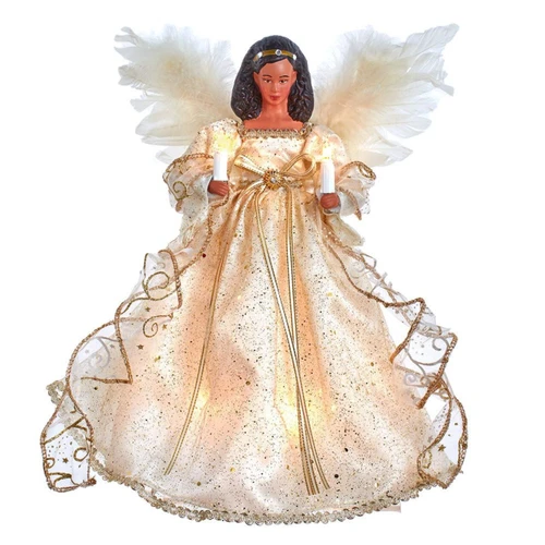 12“ UL 10-Light Ivory & Gold African American Angel Treetop