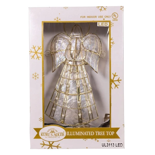 9.75“ 10-Light LED Capiz Wire & Scroll Angel With Brass Plating Finish Treetop