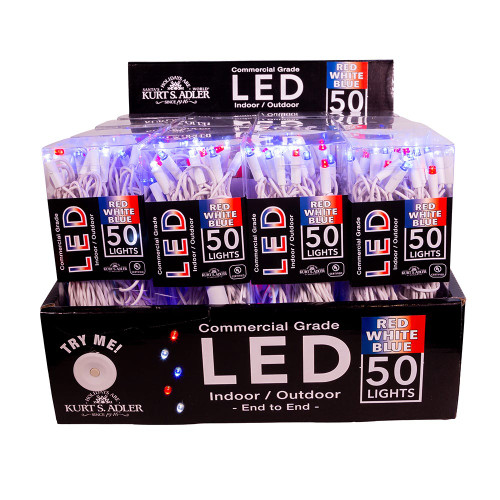 24.5' UL 50L Red, White, Blue 5MM LED White Wire Light Set
