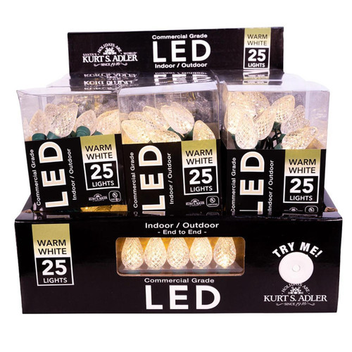 12' UL 25-Light Warm White Faceted LED C7 Light Set With Green Wire