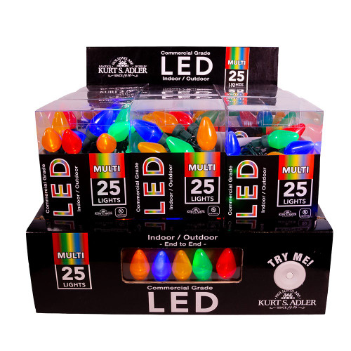 12' UL 25-Light Multicolored Pearl LED C7 Light Set With Green Wire