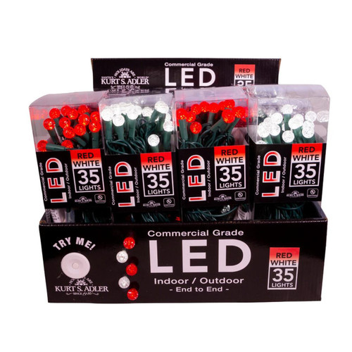 12' UL 35-Light Red & Pure White G12 Frosted Green Wire LED Light Set