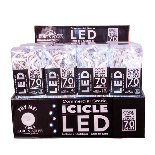 7' 70-Light Commercial Grade Cool White Soft Twinkle LED Icicle Light In PDQ