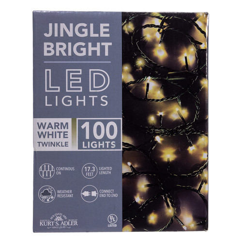 16.5' UL 100L Warm White 20% Twinkle LED Green Wire Jingle Bright™ Light Set