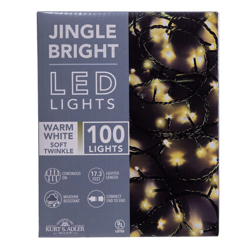 16.5' UL 100L Warm White 100% Soft Twinkle LED Green Wire Jingle Bright™ Light Set