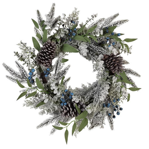24“ Un-Lit Decorated Green Flocked Rattan Wreath With Blueberries