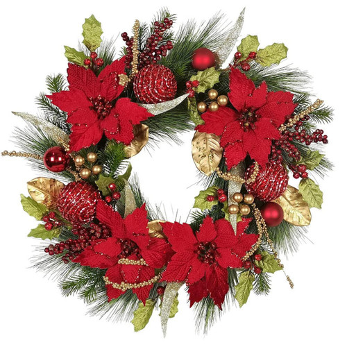 24“ Un-Lit Gold & Red Poinsettia Wreath