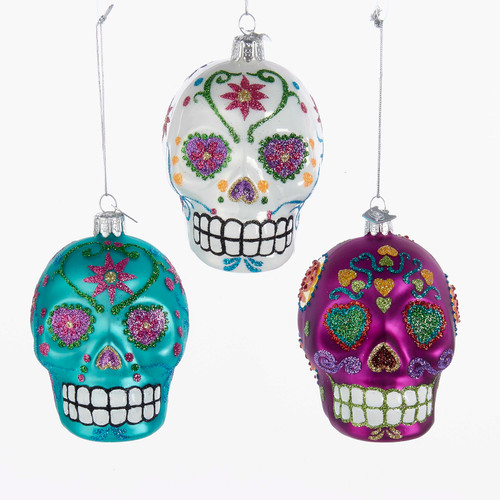 Noble Gems Sugar Skull Glass Ornaments, 3 Assorted