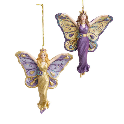 Purple & Gold Butterfly Wing Lady Ornaments, 2 Assorted