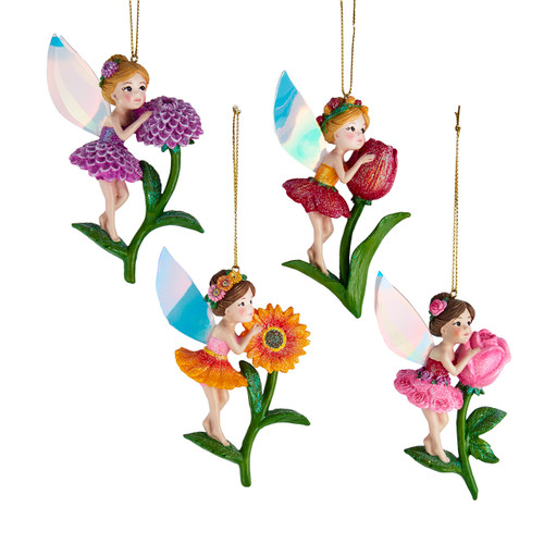 Flower Fairy on Flower Ornaments, 4 Assorted