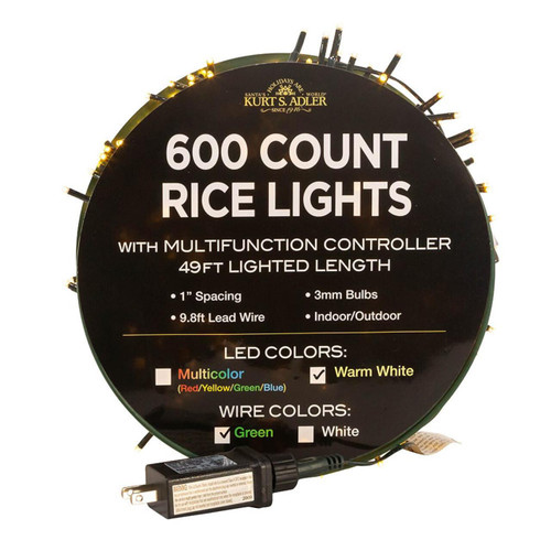 49' 600L Warm White 3MM LED Multifunction Rice Lights With Green Wire On Spool
