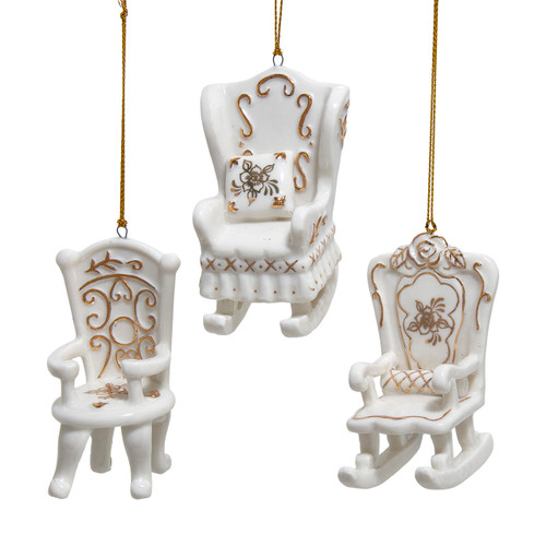 Porcelain Gold & White Chair Ornaments, 3 Assorted