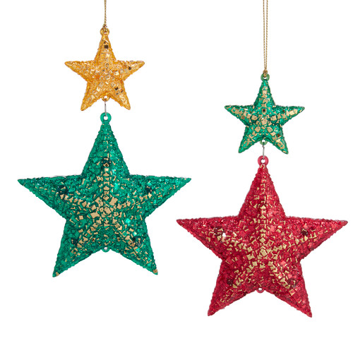 Red, Green & Gold Star With Dangle Ornaments, 2 Assorted