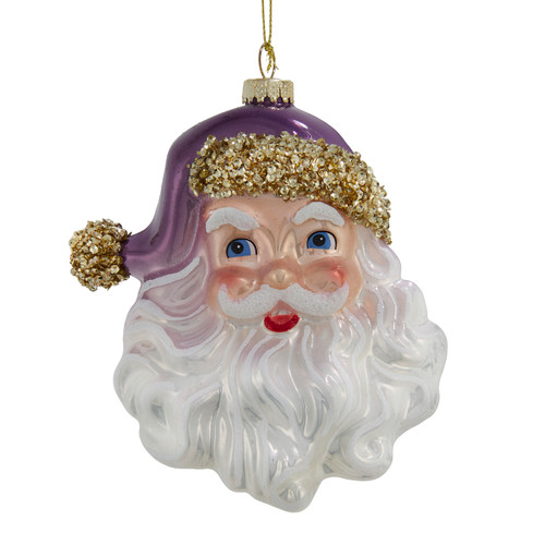 Glass Purple & Gold Santa Head Ornament