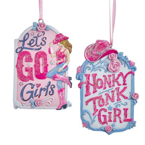 Honky Tonk Girl With Sign Ornaments, 2 Assorted