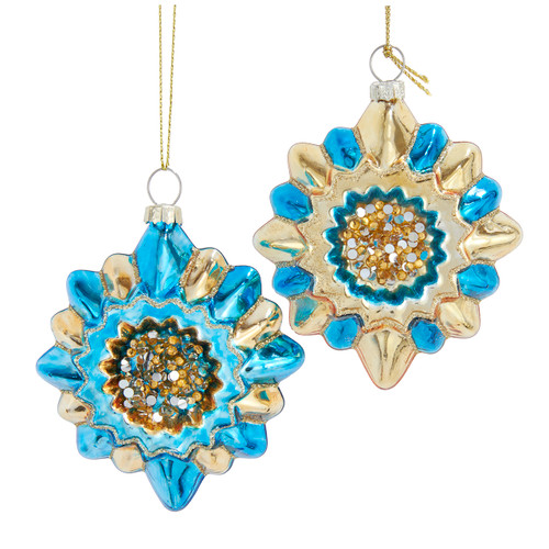 Glass Blue & Gold Snowflake Ornaments, 2 Assorted