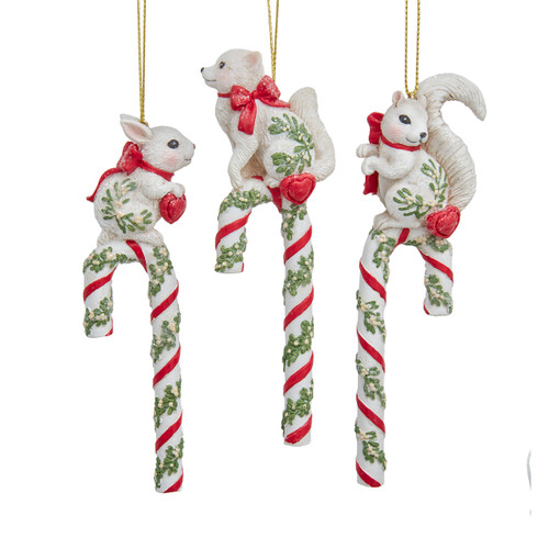 Animal On Candy Cane Ornaments, 3 Assorted