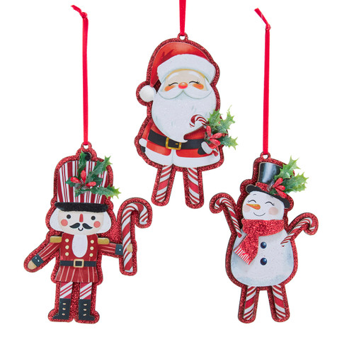 Candy Cane Santa, Snowman, & Nutcracker Ornaments, 3 Assorted 