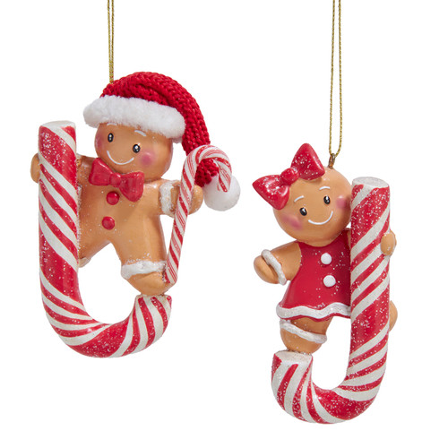 Gingerbread Boy & Girl on Candy Cane Ornaments, 2 Assorted