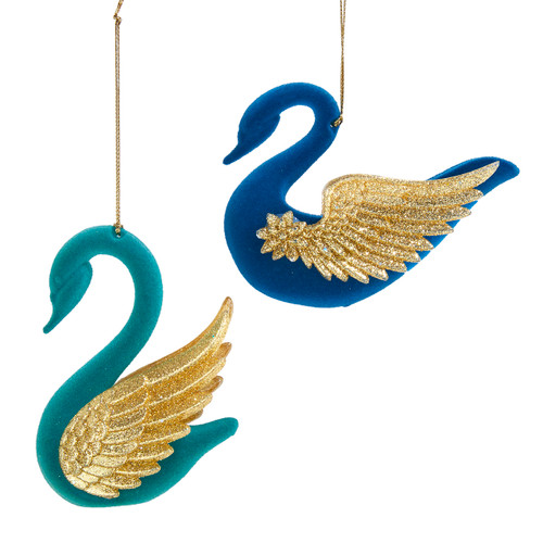 Blue & Gold Swan Ornaments, 2 Assorted