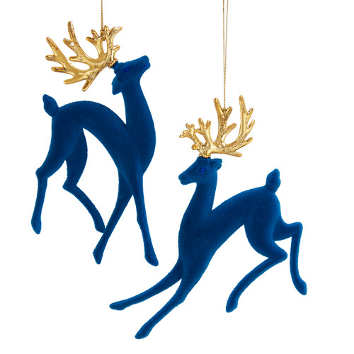 Flocked Blue & Gold Deer Ornaments, 2 Assorted
