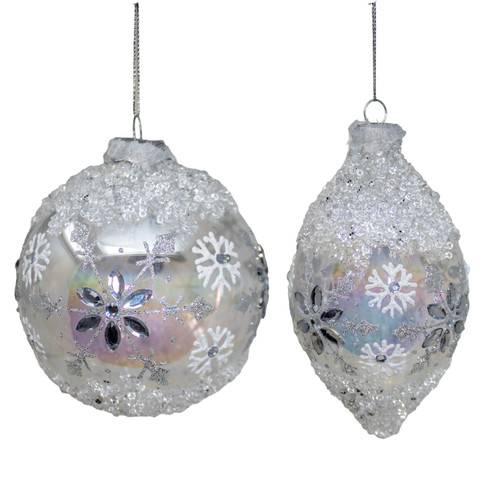 Glass Iridescent Snowflake Ball & Drop Ornaments, 2 Assorted 