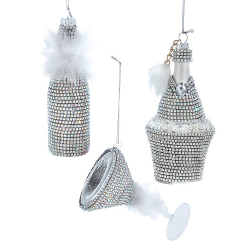 Glass Bottle and Martini Glass Ornaments, 3 Assorted