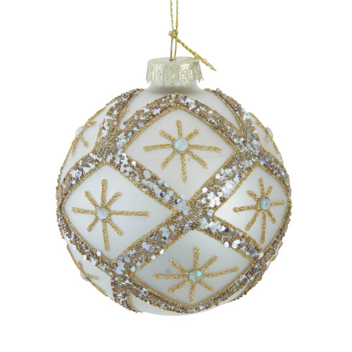 80MM Glass Silver Balls With Gold & Silver Criss-Cross Glitter Design Set, 6-Pieces